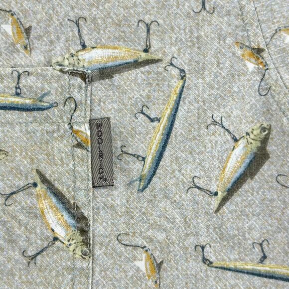 Woolrich Camp Shirt Mens XL Short Sleeve Tan Fishing Lures Button Down Stretch - Picture 10 of 16